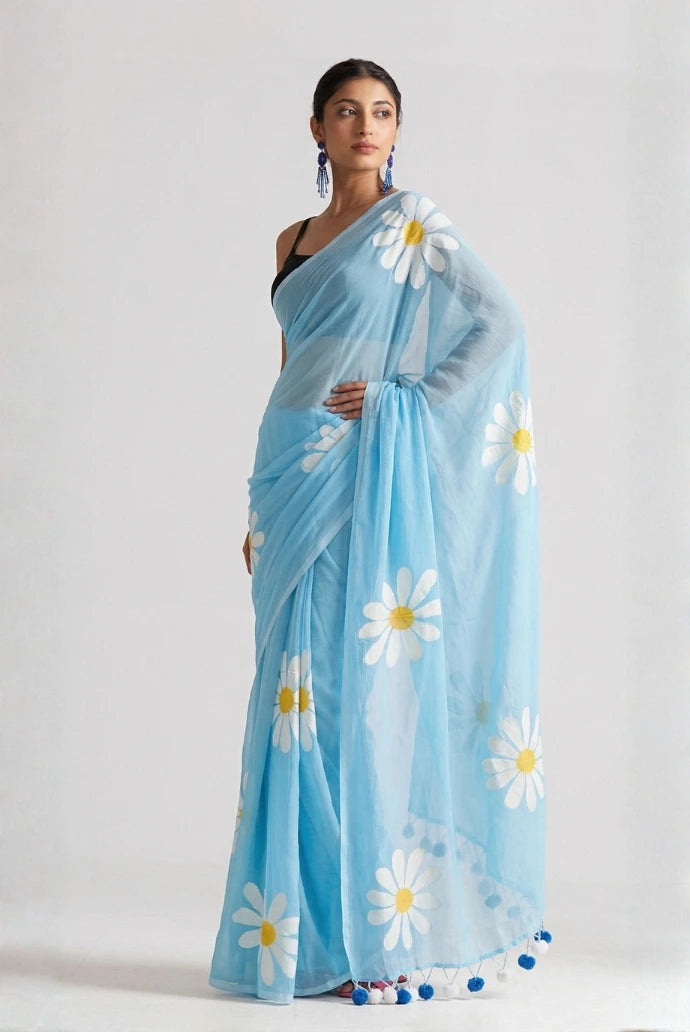 Sky Blue Chinon Saree Kalyanja Fashion